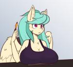 anthro big_breasts breast_rest breasts cleavage clothed clothing female huge_breasts purple_eyes shirt solo stylus tablet tank_top topwear wings scorpdk hasbro my_little_pony mythology fan_character ostria_chime_(oc) equid equine mammal mythological_creature mythological_equine pegasus hi_res