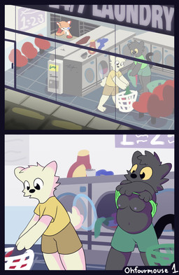anthro appliance breasts casual_exposure clothed clothing clothing_lift duo female laundromat laundry laundry_machine male male/female navel night nipples public public_exposure shirt shirt_lift sleeping topless topwear undressing_self yellow_sclera ohfourmouse canid canine canis domestic_cat domestic_dog felid feline felis mammal comic hi_res