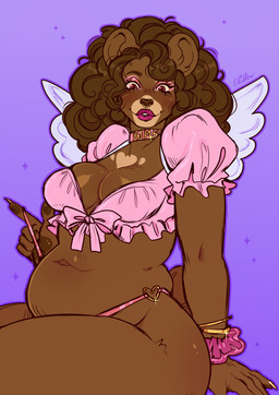 anthro belly big_breasts blush bracelet breasts brown_body brown_eyebrows brown_eyes brown_fur brown_hair brown_nose brown_pawpads choker cleavage clothed clothing clothing_pull crop_top curly_hair eyebrows fake_wings female fur gold_(metal) gold_bracelet gold_jewelry hair heart_(marking) jewelry lips looking_down makeup markings medium_hair navel necklace overweight pawpads pink_choker pink_clothing pink_crop_top pink_eyelids pink_jewelry pink_lips pink_necklace pink_shirt pink_thong pink_topwear pink_underwear round_ears shirt short_tail simple_background sitting smile solo tail thong topwear underwear underwear_pull szaris bear mammal 2024 colored colored_sketch digital_drawing_(artwork) digital_media_(artwork) flat_colors hi_res sketch