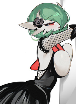 against_surface against_wall armwear big_breasts black_clothing black_dress black_rose breast_squish breasts clothing dress female flower green_hair hair open_back_dress plant red_eyes squish white_body chunniwa nintendo pokemon generation_6_pokemon humanoid mega_evolution mega_gardevoir pokemon_(species) absurd_res hi_res