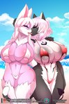 anthro anthro_on_anthro big_breasts bikini black_body black_fur breasts cleavage clothed clothing duo female female/female french_kissing fur hair kissing nipple_outline one-piece_swimsuit pink_body pink_hair sling_bikini spade_tail swimwear tail two-piece_swimsuit wide_hips sagestrike2 sakuya_(sagestrike2) umbra_(sagestrike2) domestic_cat felid feline felis mammal