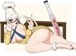 ankle_tuft anthro arm_tuft baseball_bat bat_(object) big_breasts big_butt breasts butt cigarette clothing contact_lenses cosplay eyewear female floppy_ears glasses hair leg_tuft legwear looking_at_viewer ponytail red_eyes simple_background solo sweater tail tail_tuft thigh_highs topwear tuft white_hair wide_hips wrist_tuft zelripheth dandadan alys_faiblesse_(zelripheth) seiko_ayase_(dandadan) canid canine canis domestic_dog mammal poodle standard_poodle hi_res