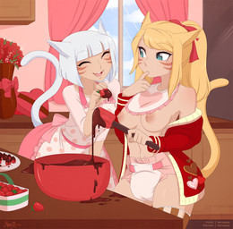 bib blonde_hair breasts candy chocolate cooking dessert detailed_background diaper duo feline_ears female finger_in_mouth flower food fruit grey_hair hair holidays kitchen looking_at_another plant rose_(flower) strawberry window merunyaa valentine's_day felid feline humanoid mammal 2018