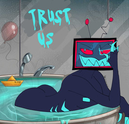 antennae_(anatomy) bathing bathroom bathtub blue_body blue_skin butt electronics for_a_head gills male meme_pose nude red_eyes screen screen_face sharp_teeth solo teeth television text samlssms hazbin_hotel hellaverse vox_(hazbin_hotel) demon demon_humanoid humanoid object_head screen_head tv_head english_text hi_res meme