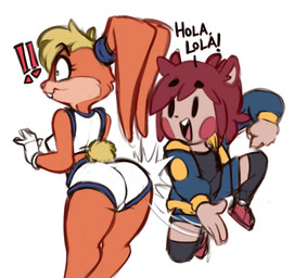 anthro athletic_wear buckteeth butt butt_focus butt_slap butt_smack duo female flustered jumping male male/female nervous rear_focus rear_view shocked size_difference slap smaller_male smile surprised teeth text thick_thighs y_shaped_butt_crack brachyzoid looney_tunes warner_brothers fan_character lola_bunny lagomorph leporid mammal rabbit 2026 hi_res spanish_text