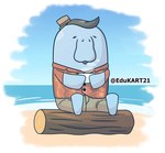 anthro beach beverage bottomwear chair clothing coffee eyes_closed furniture male pants sand sea seaside shirt sitting solo throne topwear water edukart21 animal_crossing nintendo wardell_(animal_crossing) mammal manatee marine sirenian hi_res