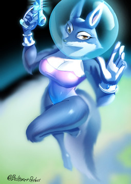 5_fingers abstract_background anthro astronaut big_breasts blue_body blue_fur breasts cleavage clothed clothing curvy_figure eyelashes female fingers fluffy fluffy_tail fur leotard long_tail looking_at_viewer multicolored_body multicolored_fur pose ranged_weapon raygun skimpy smile snout solo space_helmet tail text thick_thighs two_tone_body two_tone_fur voluptuous voluptuous_anthro voluptuous_female weapon white_body white_fur wide_hipped_anthro wide_hipped_female wide_hips yellow_eyes beltimerperbus illumination_entertainment sing_(movie) porsha_crystal canid canine canis mammal wolf 2026 absurd_res artist_name digital_drawing_(artwork) digital_media_(artwork) hi_res pinup signature