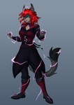 anthro clothing dark_clothing female fist flowing_hair gradient_background grin hair magic pupils purple_eyes red_hair simple_background slit_pupils smile solo sparks standing teeth za-owl elwyna_(za-owl) domestic_cat felid feline felis mammal absurd_res hi_res