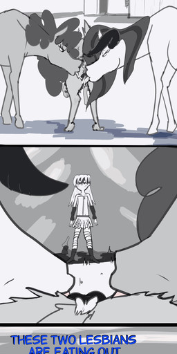animal_genitalia animal_vulva canine_genitalia canine_vulva cunnilingus female female/female femboy feral feral_on_feral genitals gesture group group_sex hand_gesture interspecies male oral pointing sex threesome vaginal vulva hannah_hh canid canine equid equine horse human mammal absurd_res animated animated_comic comic frame_by_frame hi_res long_image loop monochrome tall_image