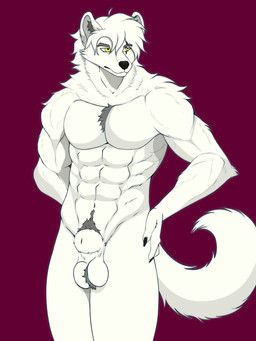 animal_genitalia anthro canine_genitalia eye_scar facial_scar fur genitals hand_on_hip male muscular scar sheath solo white_body white_fur lycan_oskari kiooma_(fursona) 3:4 absurd_res hi_res