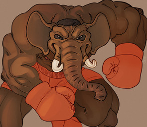 action_pose anthro boxing_gloves boxing_shorts brown_body brown_fur clothing fur handwear looking_at_viewer male muscular muscular_arms muscular_legs muscular_male narrowed_eyes nipples pink_nipples pose prehistoric short_trunk simple_background solo tusks ravuer mastodons:_the_first_encounter crusher_(mastodons:_the_first_encounter) mammal mastodon prehistoric_species proboscidean absurd_res hi_res