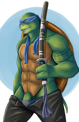 3_fingers anthro barely_visible_genitalia barely_visible_penis biped blue_background blue_eyes bottomwear clothed clothing fingers flaccid genitals green_body green_skin humanoid_genitalia humanoid_penis katana looking_at_viewer male mask melee_weapon muscular pants penis shell simple_background smile solo sword tail tattoo weapon white_background bakameganekko teenage_mutant_ninja_turtles teenage_mutant_ninja_turtles_(2014) leonardo_(tmnt) reptile scalie turtle absurd_res digital_media_(artwork) hi_res