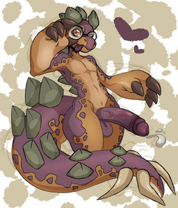 anthro balls big_penis bodily_fluids erection eyewear genital_fluids genitals glasses heart_symbol humanoid_genitalia humanoid_penis male nude penis precum scales simple_background solo spiked_tail spikes spikes_(anatomy) tail tongue tongue_out suddenhack dinosaur ornithischian prehistoric_species reptile scalie stegosaurian stegosaurus thyreophoran hi_res