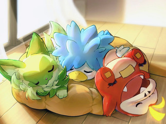 ambiguous_gender blue_feather_hair eyes_closed fangs feral fur green_body green_fur group open_mouth red_body sleeping sleeping_together tail teeth tongue trio white_body namekuj1hey nintendo pokemon avian bird crocodilian felid feline fuecoco generation_9_pokemon mammal pokemon_(species) quaxly reptile scalie sprigatito 2026 4:3 hi_res