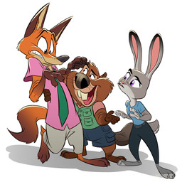 anthro belt bottomwear brown_body brown_fur buckteeth clothing female fur grey_body grey_fur group male multicolored_body multicolored_fur open_mouth orange_body orange_fur pants purple_eyes shirt shorts teeth topwear trio two_tone_body two_tone_fur whiskers superstinkwarrior disney zootopia judy_hopps nibbles_maplestick nick_wilde beaver canid canine european_rabbit fox lagomorph leporid mammal oryctolagus rabbit red_fox rodent true_fox 1:1 2026 digital_media_(artwork) hi_res