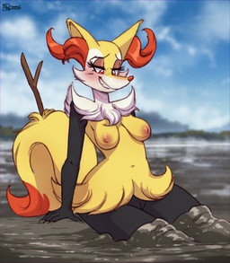 5_fingers anthro areola arm_tuft biped black_body black_fur blush blush_lines breasts cheek_tuft chest_tuft curvy_figure detailed_background dipstick_tail eyebrows eyelashes facial_tuft female female_anthro fingers fluffy fluffy_tail front_view fur genitals inner_ear_fluff innie_vulva logo markings medium_breasts messy mud multicolored_body multicolored_fur nipples nude nude_anthro nude_female object_in_tail open_mouth open_smile orange_body orange_eyes orange_fur orange_nose outside pokemorph shoulder_tuft sitting smile solo stick stick_in_tail tail tail_markings tuft vulva white_body white_fur wide_hips yellow_body yellow_fur doronkomajo nintendo pokemon braixen canid generation_6_pokemon mammal pokemon_(species) 2026 artist_logo cel_shading dated digital_media_(artwork) hi_res portrait shaded three-quarter_portrait