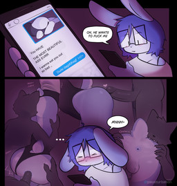 all_fours anal anal_penetration anthro backsack balls big_butt bite butt butt_bite butt_focus butt_grab chat_message clothing clothing_aside duo erection eyewear femboy femboy_penetrated flustered from_behind_position genitals glasses hand_on_butt leotard leotard_aside male male/male moan oral penetration rear_view rimming sex text wearing_glasses bigbossnsfw boss_(bigbossnsfw) ambiguous_species lagomorph leporid mammal rabbit absurd_res comic english_text hi_res