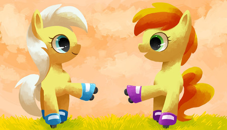 blue_eyes clothing detailed_background duo eye_contact female feral footwear grass green_eyes hair inline_skates looking_at_another open_mouth orange_hair outside plant pose quadruped roller_skates skating sky smile sunset tail toony white_hair reuniclus_(artist) friendship_is_magic hasbro my_little_pony peachy_pie_(mlp) sunny_daze_(mlp) equid equine horse mammal pony 7:4 hi_res