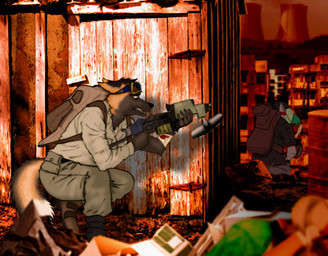 anthro backpack blood bodily_fluids clothed clothing duo eyewear eyewear_on_head fluffy fluffy_tail fully_clothed fur gas_mask goggles goggles_on_head gun male mask multicolored_body multicolored_fur post-apocalyptic ranged_weapon tail weapon wounded yellow_eyes fredryk_phox canid canine fox mammal 2014