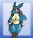 anthro blue_body breasts featureless_breasts female navel red_eyes solo silvrsterlng nintendo pokemon canid generation_4_pokemon lucario mammal pokemon_(species)