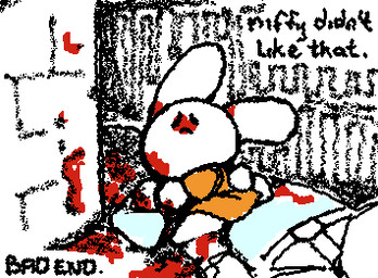 anthro bad_end blood bodily_fluids bottomwear chibi clothing death dress duo female gore male pants sitting text ligma_(artist) miffy human lagomorph leporid mammal rabbit animated colored digital_media_(artwork) low_res sketch wigglypaint_(artwork)