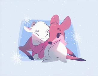 2_horns ambiguous_gender duo feral fur hair horn hug inner_ear_fluff multicolored_body multicolored_fur quadruped scarf short_hair smile snowflake tail tuft white_body white_fur itsdanfango ansel_(itsdanfango) olive_(itsdanfango) bovid caprine deer goat mammal 2017 hi_res