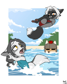anthro apple beach bikini black_body black_fur blue_clothing blue_one-piece_swimsuit blue_swimwear breasts brown_body brown_fur cannonball_dive cheek_tuft clothed clothing cloud day diving facial_tuft fangs female flat_chested food fruit fur grey_body grey_fur grey_hair group hair long_hair midriff one-piece_swimsuit open_mouth orange_eyes outside partially_submerged plant red_bikini red_bikini_bottom red_bikini_top red_clothing red_swimwear sand screaming sea short_hair sky smile swimwear tail teeth tied_hair tongue tree trio tuft two-piece_swimsuit water white_body white_fur white_hair yellow_eyes foxboy83 tootaloo vixen_logic ferra_(vixen_logic) marble_(vixen_logic) silver_(vixen_logic) canid canine fox mammal marble_fox red_fox silver_fox tibetan_sand_fox true_fox 4:5 colored digital_media_(artwork) flat_colors hi_res