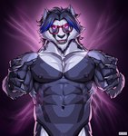 abs anthro areola biceps black_body black_fur black_hair blue_highlights eyebrows eyewear fur glasses glowing glowing_eyes hair highlights_(coloring) male muscular muscular_anthro muscular_male navel nipples open_mouth pecs pose purple_eyes solo teeth tongue v-cut white_body white_fur raythefox nintendo pokemon armail generation_8_pokemon obstagoon pokemon_(species) 2022 absurd_res digital_media_(artwork) hi_res