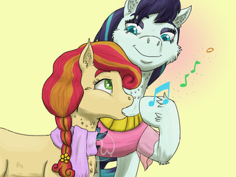 accessory age_difference bangs bent_leg blue_eyelids blue_eyes blue_mane blue_pupils blue_tail braided_mane cheek_tuft closed_smile clothed clothed_female clothed_feral clothing duo ear_tuft eyebrows eyelashes facial_tuft female female_feral feral gold_(metal) gold_jewelry gold_necklace green_eyes green_pupils hair_accessory hooves jewelry larger_female larger_feral lidded_eyes light long_mane looking_at_another mane mostly_nude mouth_closed multicolored_mane multicolored_tail musical_note musical_symbol necklace older_female older_feral orange_mane pink_clothing pink_shirt pink_tongue pink_topwear pupils purple_scarf red_eyebrows red_mane scarf scarf_only shirt simple_background singing size_difference smaller_female smaller_feral smile smiling_at_another standing symbol tail tongue topwear tuft two_tone_mane unguligrade wavy_mane yellow_background young young_female young_feral younger_female younger_feral skywater friendship_is_magic futurehooves hasbro my_little_pony cherry_top coloratura_(mlp) fan_character earth_pony equid equine horse mammal pony 2017 4:3 adobe_photoshop_(artwork) colored digital_drawing_(artwork) digital_media_(artwork) english_description hi_res lighting shaded story story_in_description