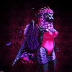 abstract_background antennae_(anatomy) anthro arm_warmers armwear black_body clothing female glowing glowing_hair hair horn insect_wings jewelry latex legwear lepidopteran_wings pawpads pink_background pink_eyes pink_hair purple_hair purple_stripes simple_background solo stripes swimwear thigh_highs wings conditional_dnp ratte luskwood nia_whiskers kellashee latex_creature living_latex 1:1 2023 hi_res