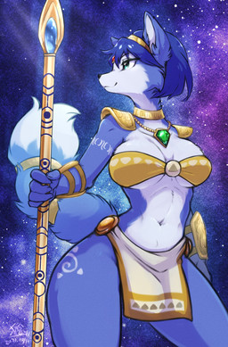 anthro blue_body blue_fur blue_hair bottomwear breasts cleavage clothed clothing dipstick_tail female fur green_eyes hair holding_melee_weapon holding_object holding_polearm holding_spear holding_weapon krystal's_staff loincloth markings melee_weapon navel polearm solo spear tail tail_markings under_boob weapon wide_hips ingi nintendo star_fox krystal_(star_fox) canid canine fox mammal 2021 absurd_res hi_res shaded