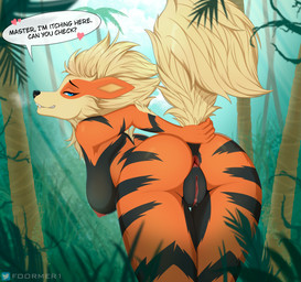 anthro anus areola bedroom_eyes bent_over big_breasts blue_eyes bodily_fluids breasts butt clitoris fangs female forest fur genital_fluids genitals hair hanging_breasts humanoid_genitalia humanoid_vulva jungle looking_at_viewer looking_back master narrowed_eyes nipples nude pink_nipples plant presenting presenting_hindquarters presenting_vulva raised_tail seductive smile solo tail teeth text tree vaginal_fluids vulva y_anus foormer nintendo pokemon arcanine generation_1_pokemon mammal pokemon_(species) digital_media_(artwork) english_text hi_res