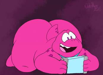anthro big_butt biped butt male open_mouth overweight overweight_male smile solo tablet_computer chonkymouse gameoverse glitch_productions gobbles_(gameoverse) dinosaur prehistoric_species reptile scalie 2026 hi_res