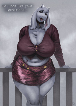 2_horns anthro belly_tattoo big_breasts bottomwear breasts chest_tuft choker cleavage clothed clothing curvy_figure dialogue eyebrows eyelashes female floppy_ears fur half-closed_eyes horn huge_breasts jewelry legs_together looking_at_viewer mature_female midriff miniskirt narrowed_eyes navel necklace open_mouth open_smile question shirt skirt slightly_chubby slightly_chubby_female smile solo standing tattoo teeth text thick_thighs topwear tuft voluptuous white_body white_fur wide_hips darkriallet konami silent_hill undertale_(series) toriel boss_monster_(undertale) bovid caprine goat mammal 2025 english_text hi_res