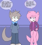 anthro blue_eyes blush bottomless clothed clothing countershading dialogue duo female fur genitals green_eyes grey_body grey_fur hair male open_mouth pink_body pink_fur pink_hair pussy smile tail text borny vg_cats aeris_(vg_cats) leo_(vg_cats) domestic_cat felid feline felis mammal english_text