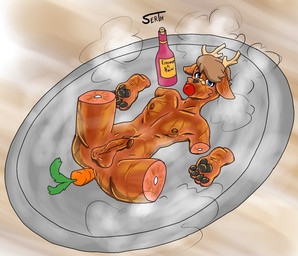 amputee antlers apple apple_in_mouth balls bodily_fluids carrot_dildo carrot_in_ass character_prepared_as_food collarbone cooked disability dismembered feet food foot_fetish fruit genital_fluids genitals glistening glistening_body gore gore_focus horn improvised_dildo improvised_sex_toy looking_at_viewer male navel nipples oiled_body pawpads penis plant platter precum solo steam steaming_body vore serth deer mammal hi_res