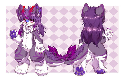 4_ears 4_fingers 4_toes anthro blush claws feet female fingers fluffy fluffy_tail front_view fur hair horn inner_ear_fluff long_hair looking_at_viewer markings multi_ear multicolored_body nude open_mouth pattern_background pawpads paws pink_eyes purple_markings rear_view simple_background smile solo standing tail text toes tongue tongue_out tuft two_tone_body white_body white_fur lk_dragoncan mythology dragon furred_dragon furred_scalie mythological_creature mythological_scalie scalie digital_drawing_(artwork) digital_media_(artwork) full-length_portrait hi_res portrait shaded