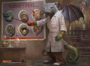 anthro claws clothing coat detailed_background female fur green_body green_scales grey_body grey_fur holding_pointer inside lab_coat laboratory membrane_(anatomy) membranous_wings plantigrade scales smile solo standing tail topwear whiskers wings simon_dominic hasbro magic:_the_gathering wizards_of_the_coast bat chameleon chimera lizard mammal marsupial reptile scalie vombatiform wombat official_art