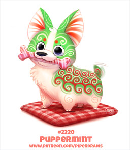 ambiguous_gender black_eyes bone candy cushion dessert feral food fur green_body green_fur holding_object humor peppermint_(candy) pillow pun red_body red_fur simple_background solo tail tail_motion tailwag text visual_pun white_background white_body white_fur piper_thibodeau canid canine canis domestic_dog food_creature mammal 2018 digital_media_(artwork) digital_painting_(artwork) english_text painting_(artwork) url