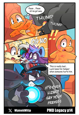 4_panel_comic ambiguous_gender angry anthro aura_sphere biped black_eyes black_nose black_text blue_eyes bodily_fluids clenched_teeth clothing cross-popping_vein day dialogue ellipsis exclamation_point eyebrows fire flaming_tail fur group hair hat headgear headwear inner_monologue motion_lines mouth_closed open_mouth open_smile orange_body outside running running_away sharp_teeth smile smoke sound_effects speech_bubble spikes spikes_(anatomy) tail tears teeth text thinking tongue translucent translucent_hair white_sclera white_text wounded wymek nintendo pokemon pokemon_mystery_dungeon spike_chunsoft hiruki_(wymek) moon_sky arcanine charmander generation_1_pokemon generation_4_pokemon generation_7_pokemon lucario lycanroc midnight_lycanroc pokemon_(species) 2026 artist_name comic english_text hi_res