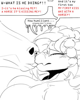 anthro female feral forced humiliation kiss_on_lips kissing rape sex solo speech_bubble text tongue dannycris121 wrongcow equid equine horse mammal procyonid raccoon comic english_text monochrome sketch
