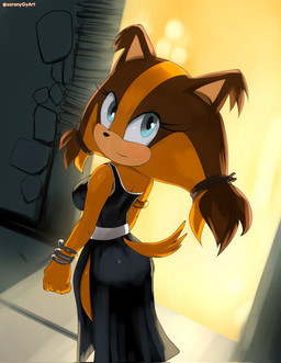 anthro armlet black_clothing black_dress blue_eyes bracelet breasts brown_body butt clothing dress eyelashes female jewelry orange_body side_boob smile solo soranygyart sega sonic_boom sonic_the_hedgehog_(series) sticks_the_jungle_badger badger mammal mustelid musteline 2025 hi_res