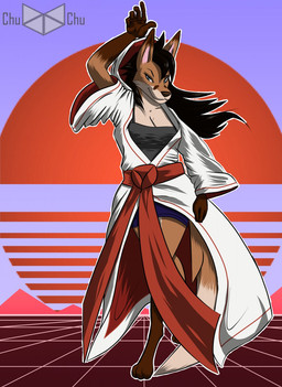 anthro asian_clothing breasts clothing east_asian_clothing female fur hair japanese_clothing jojo_pose long_hair smile solo synthwave tal_(terperder) canid canine fox mammal 2019 digital_media_(artwork) hi_res
