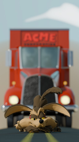 anthro ass_up bent_over butt depth_of_field looking_at_viewer lying_on_ground male on_ground smug solo truck vehicle redneck_redoubt looney_tunes warner_brothers wile_e._coyote canid canine canis coyote mammal 3d_(artwork) 4k 9:16 absurd_res digital_media_(artwork) hi_res
