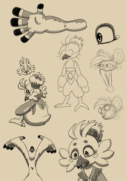 beak buckteeth claws ear_piercing ear_ring feather_hands feathers feet jewelry looking_at_viewer looking_back looking_back_at_viewer looking_down piercing ring_piercing solo talons teeth toe_claws toes trevor-fox nintendo the_legend_of_zelda trevor-fox_(character) tulin_(tloz) avian mammal mouse murid murine rito rodent black_and_yellow hi_res monochrome multiple_images sketch_page