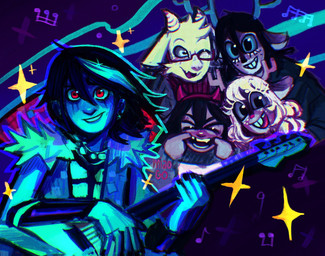 anthro black_hair blonde_hair blue_body blue_hair blue_skin brown_body brown_fur electric_guitar female freckles fur group guitar hair horn male musical_instrument plucked_string_instrument red_eyes string_instrument white_body white_fur miaogo deltarune undertale undertale_(series) asriel_dreemurr dess_holiday kris_dreemurr noelle_holiday bovid caprine deer goat human mammal new_world_deer reindeer 2025 hi_res