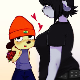 age_difference anthro asking_out beanie belt black_clothing black_hair black_shirt black_topwear blush bodily_fluids bottomwear bouquet breasts clothing date duo female flower grey_body hair hat headgear headwear heart_symbol inviting larger_female long_ears male male/female nervous nervous_smile nervous_sweat pants plant shirt shorts shy simple_background size_difference smaller_male sweat topwear white_background yellow_body mskittypawz parappa_the_rapper sony_corporation sony_interactive_entertainment um_jammer_lammy parappa rammy_lamb bovid canid canine canis caprine mammal sheep 1:1