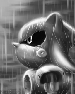 ambiguous_gender anthro glowing glowing_eyes machine metallic_body outdoor_background outside raining solo standing silvia_nexus_(artist) sega sonic_the_hedgehog_(series) metal_sonic robot 4:5 digital_drawing_(artwork) digital_media_(artwork) english_description greyscale hi_res monochrome