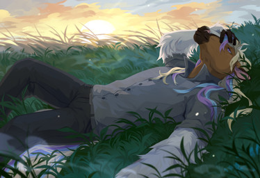 anthro black_bottomwear black_clothing black_pants blonde_hair blue_hair bottomwear brown_body brown_fur clothed clothing fur grass grey_clothing grey_topwear hair lying male mouth_closed multicolored_hair narrowed_eyes on_back outside pants plant purple_eyes solo sunset topwear unsigned white_body white_fur corzh77 equid equine horse mammal absurd_res hi_res