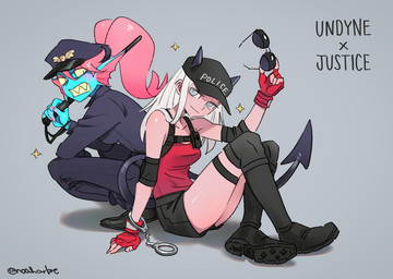 armwear baseball_cap baton blue_body blue_skin bottomwear clothing cuff_(restraint) duo ear_fins eyewear female fin hair handcuffs hat headgear headwear leggings legwear metal_cuffs pants police police_officer police_uniform ponytail red_hair restraints shackles shirt shorts spade_tail sunglasses tail text text_on_baseball_cap text_on_clothing text_on_hat text_on_headwear topwear uniform noaharbre deltarune helltaker undertale_(series) justice_(helltaker) undyne animal_humanoid aquatic aquatic_humanoid demon fish fish_humanoid humanoid english_text hi_res
